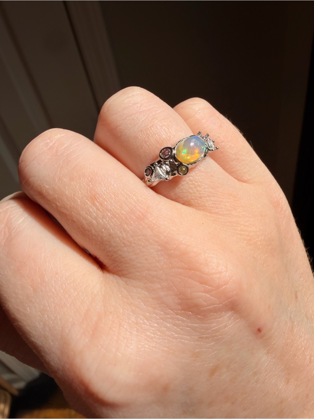 Stunning Silver Plated Opal Ring with Multi-Stone Accents adjustable